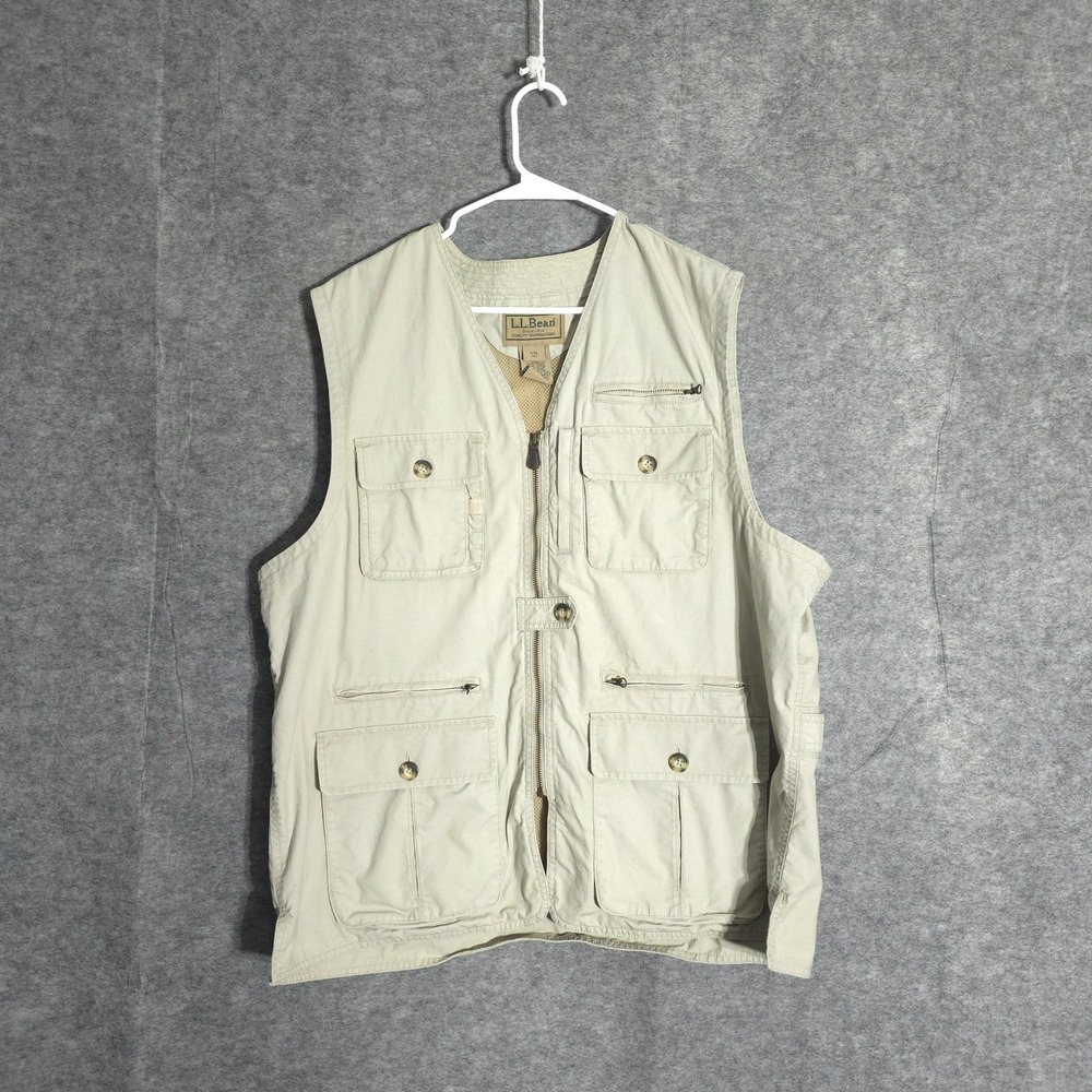 LL Bean Utility Fishing Vest Mens XXL Beige 261497 Multi Pocket Mesh Lined Cargo